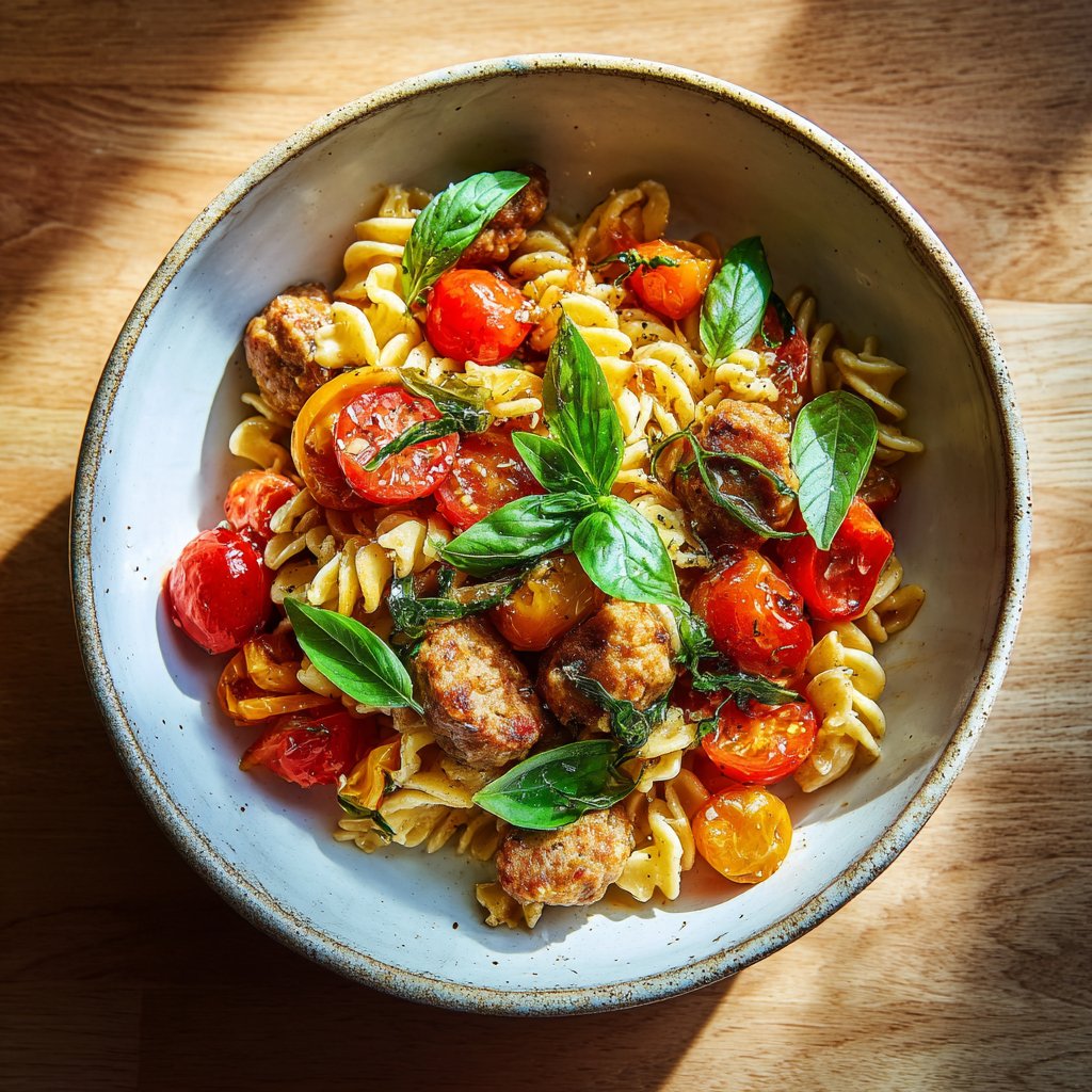 One Pot Cajun Sausage Pasta with Cherry Tomatoes and Basil