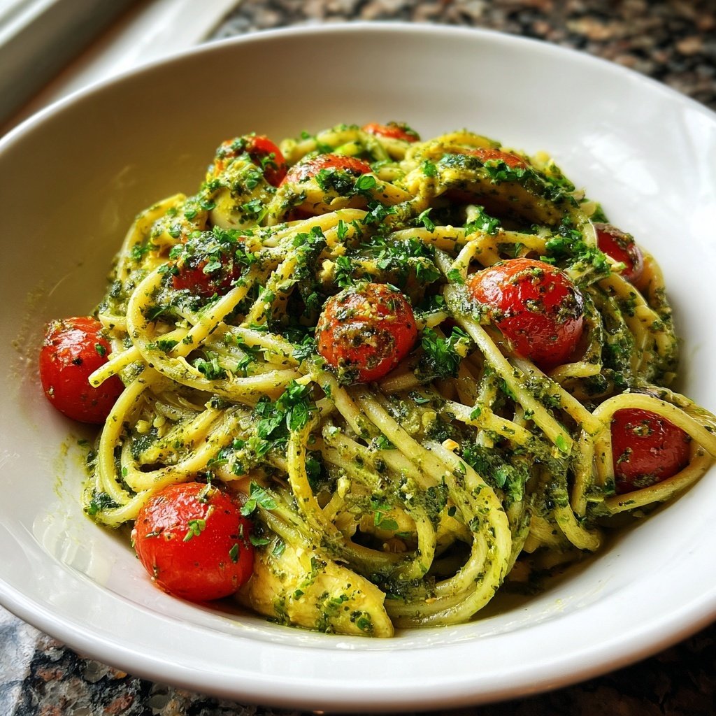 Chicken Pesto Noodles with Cherry Tomatoes